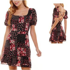NWT City Vibe Black Floral Print Tie-back Mini Dress